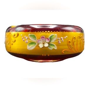🌸Antique Bohemian Gilt Enameled Red Glass Ashtray Ca. 1890